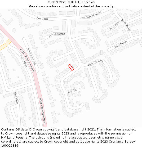 2, BRO DEG, RUTHIN, LL15 1YQ: Location map and indicative extent of plot