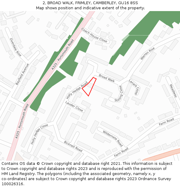 2, BROAD WALK, FRIMLEY, CAMBERLEY, GU16 8SS: Location map and indicative extent of plot