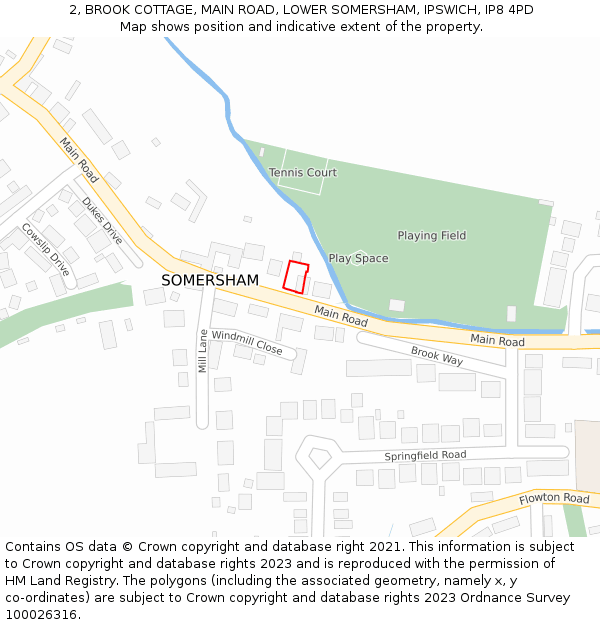 2, BROOK COTTAGE, MAIN ROAD, LOWER SOMERSHAM, IPSWICH, IP8 4PD: Location map and indicative extent of plot