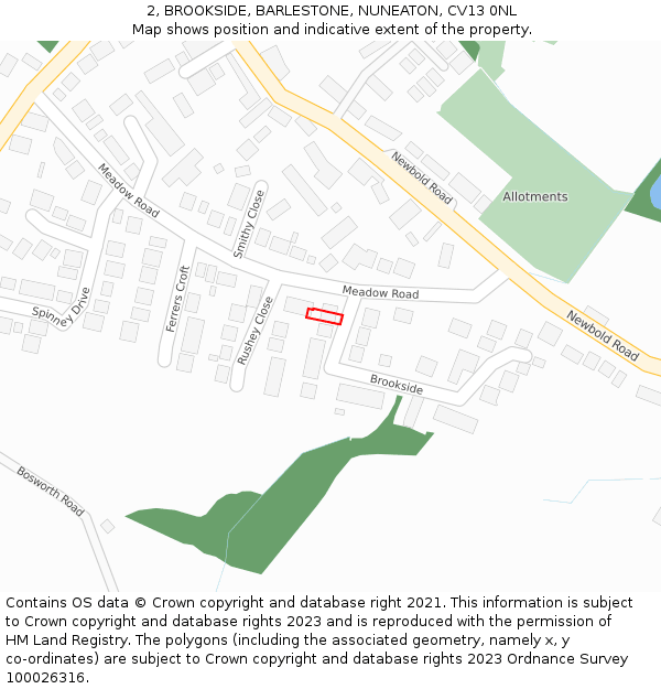 2, BROOKSIDE, BARLESTONE, NUNEATON, CV13 0NL: Location map and indicative extent of plot