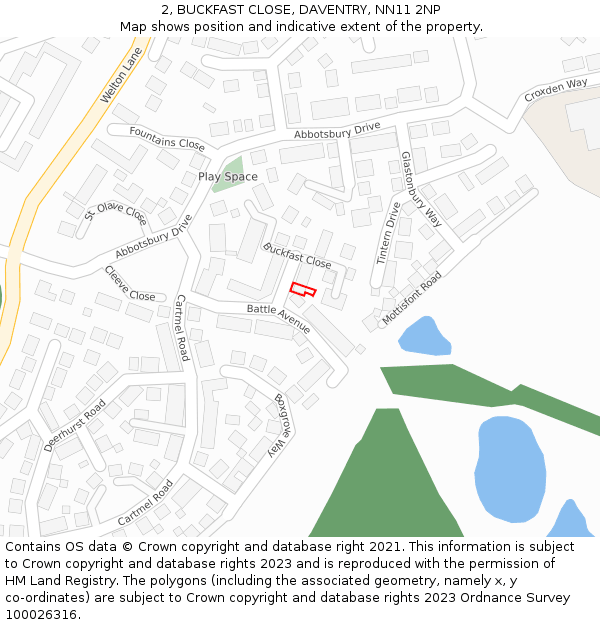 2, BUCKFAST CLOSE, DAVENTRY, NN11 2NP: Location map and indicative extent of plot