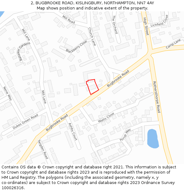 2, BUGBROOKE ROAD, KISLINGBURY, NORTHAMPTON, NN7 4AY: Location map and indicative extent of plot