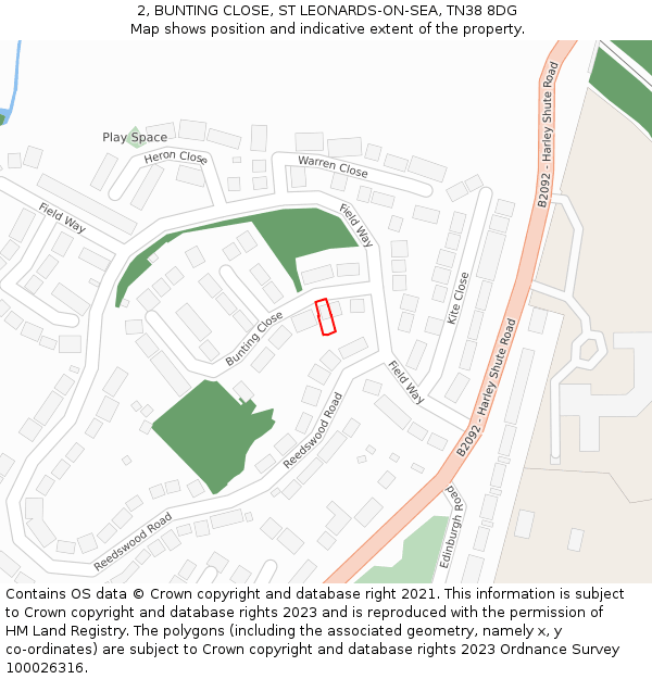 2, BUNTING CLOSE, ST LEONARDS-ON-SEA, TN38 8DG: Location map and indicative extent of plot