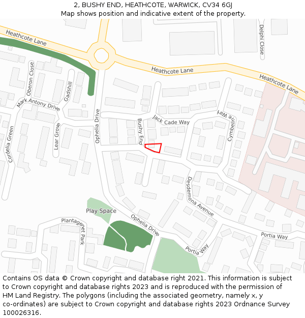 2, BUSHY END, HEATHCOTE, WARWICK, CV34 6GJ: Location map and indicative extent of plot