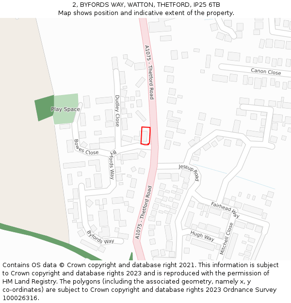 2, BYFORDS WAY, WATTON, THETFORD, IP25 6TB: Location map and indicative extent of plot