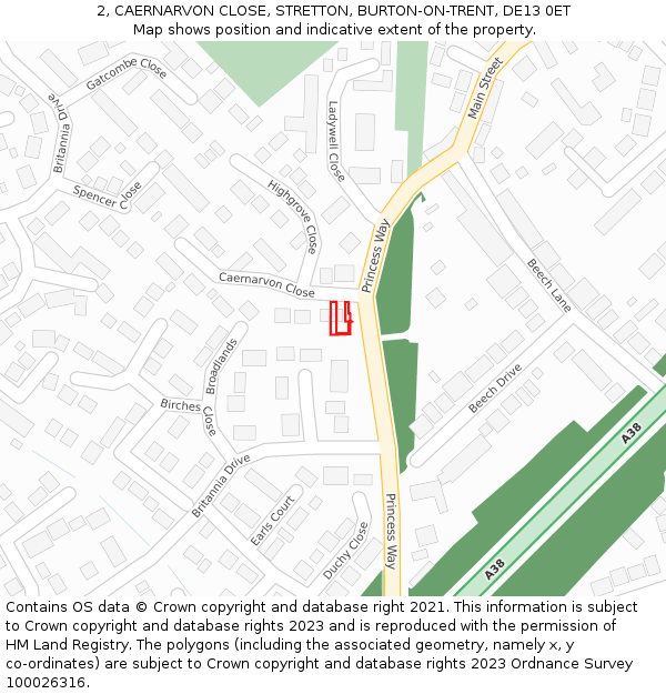2, CAERNARVON CLOSE, STRETTON, BURTON-ON-TRENT, DE13 0ET: Location map and indicative extent of plot