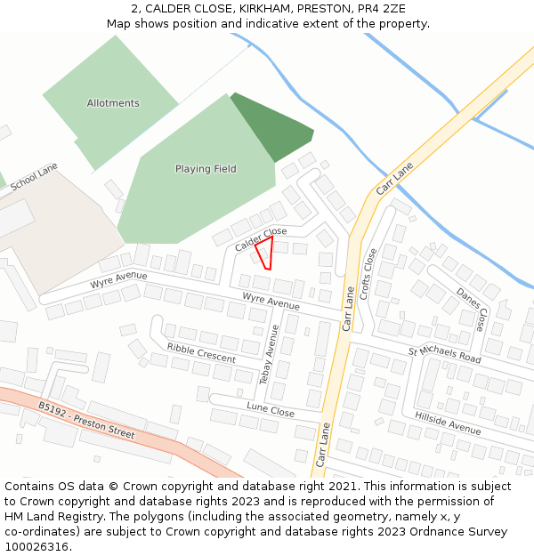 2, CALDER CLOSE, KIRKHAM, PRESTON, PR4 2ZE: Location map and indicative extent of plot