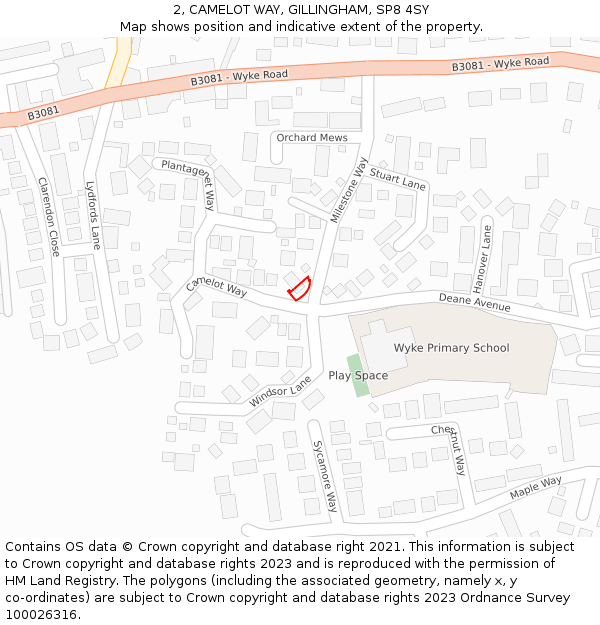 2, CAMELOT WAY, GILLINGHAM, SP8 4SY: Location map and indicative extent of plot