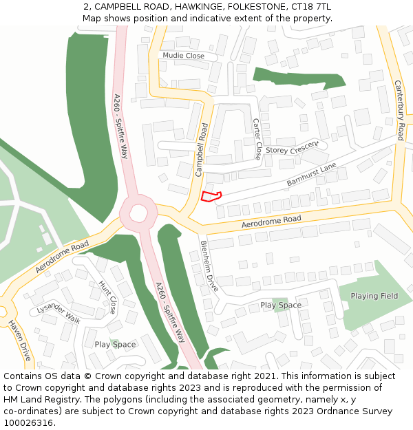 2, CAMPBELL ROAD, HAWKINGE, FOLKESTONE, CT18 7TL: Location map and indicative extent of plot