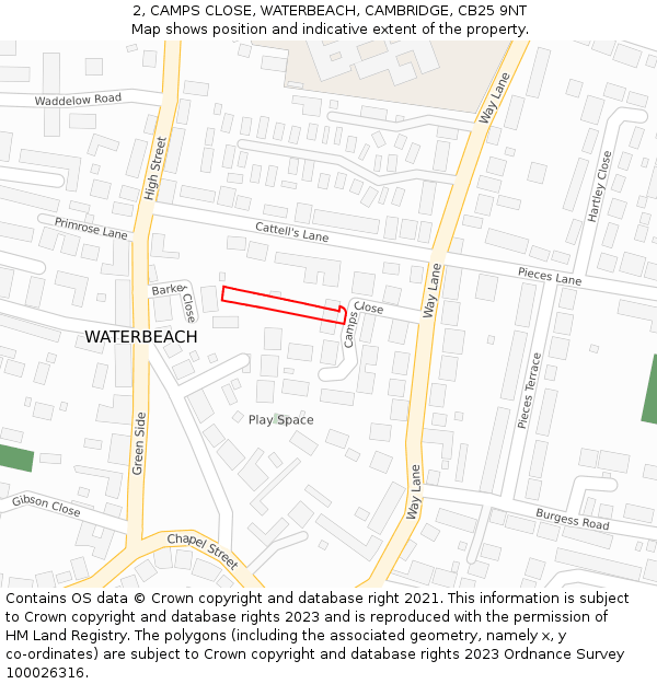 2, CAMPS CLOSE, WATERBEACH, CAMBRIDGE, CB25 9NT: Location map and indicative extent of plot