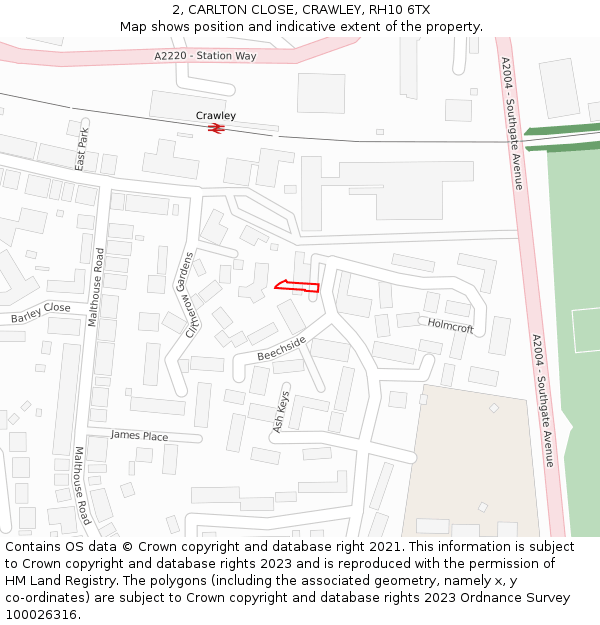 2, CARLTON CLOSE, CRAWLEY, RH10 6TX: Location map and indicative extent of plot