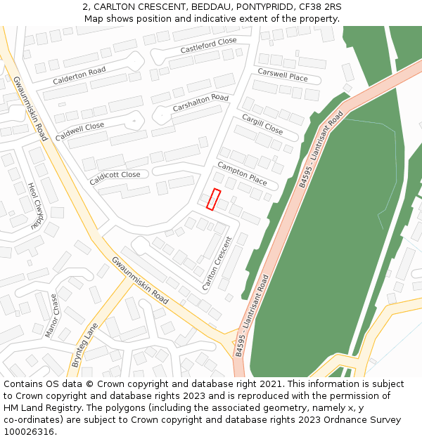 2, CARLTON CRESCENT, BEDDAU, PONTYPRIDD, CF38 2RS: Location map and indicative extent of plot