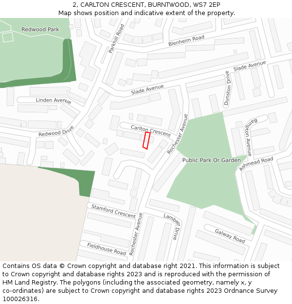 2, CARLTON CRESCENT, BURNTWOOD, WS7 2EP: Location map and indicative extent of plot