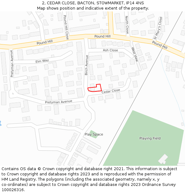 2, CEDAR CLOSE, BACTON, STOWMARKET, IP14 4NS: Location map and indicative extent of plot
