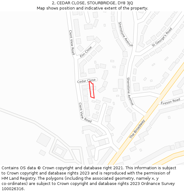 2, CEDAR CLOSE, STOURBRIDGE, DY8 3JQ: Location map and indicative extent of plot