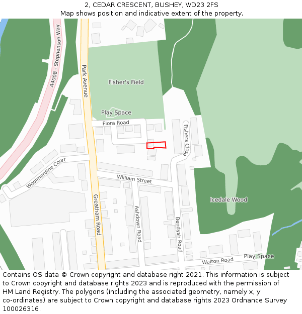2, CEDAR CRESCENT, BUSHEY, WD23 2FS: Location map and indicative extent of plot