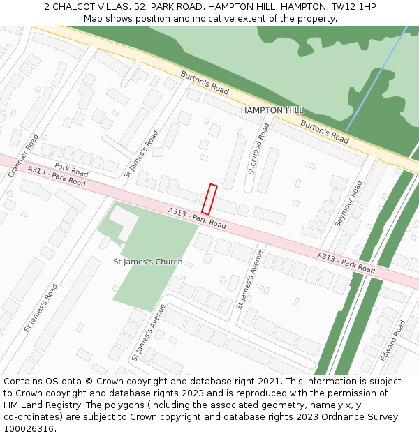 2 CHALCOT VILLAS, 52, PARK ROAD, HAMPTON HILL, HAMPTON, TW12 1HP: Location map and indicative extent of plot