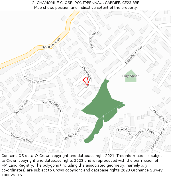 2, CHAMOMILE CLOSE, PONTPRENNAU, CARDIFF, CF23 8RE: Location map and indicative extent of plot