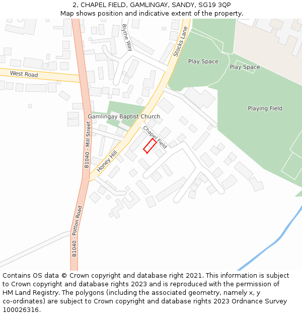 2, CHAPEL FIELD, GAMLINGAY, SANDY, SG19 3QP: Location map and indicative extent of plot