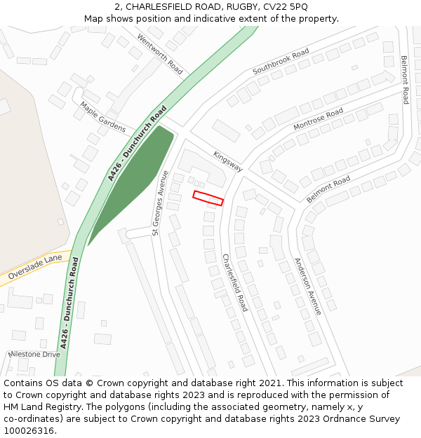 2, CHARLESFIELD ROAD, RUGBY, CV22 5PQ: Location map and indicative extent of plot