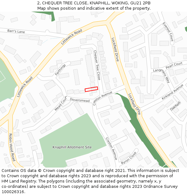 2, CHEQUER TREE CLOSE, KNAPHILL, WOKING, GU21 2PB: Location map and indicative extent of plot