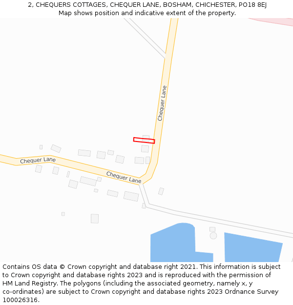 2, CHEQUERS COTTAGES, CHEQUER LANE, BOSHAM, CHICHESTER, PO18 8EJ: Location map and indicative extent of plot