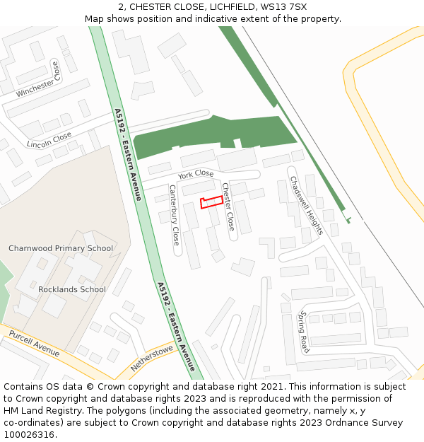 2, CHESTER CLOSE, LICHFIELD, WS13 7SX: Location map and indicative extent of plot