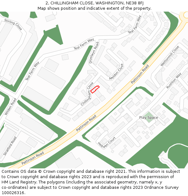 2, CHILLINGHAM CLOSE, WASHINGTON, NE38 8FJ: Location map and indicative extent of plot