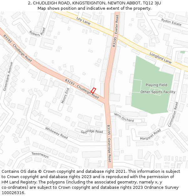 2, CHUDLEIGH ROAD, KINGSTEIGNTON, NEWTON ABBOT, TQ12 3JU: Location map and indicative extent of plot