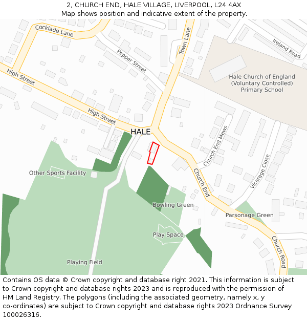 2, CHURCH END, HALE VILLAGE, LIVERPOOL, L24 4AX: Location map and indicative extent of plot