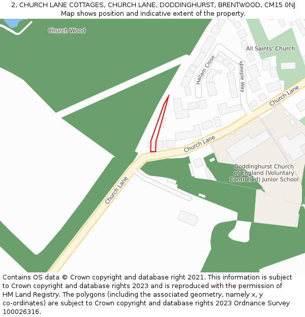 2, CHURCH LANE COTTAGES, CHURCH LANE, DODDINGHURST, BRENTWOOD, CM15 0NJ: Location map and indicative extent of plot