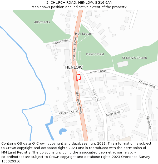 2, CHURCH ROAD, HENLOW, SG16 6AN: Location map and indicative extent of plot