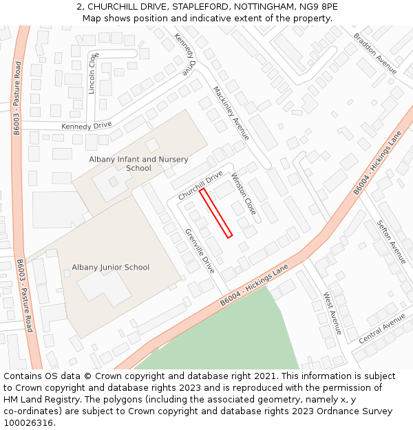 2, CHURCHILL DRIVE, STAPLEFORD, NOTTINGHAM, NG9 8PE: Location map and indicative extent of plot