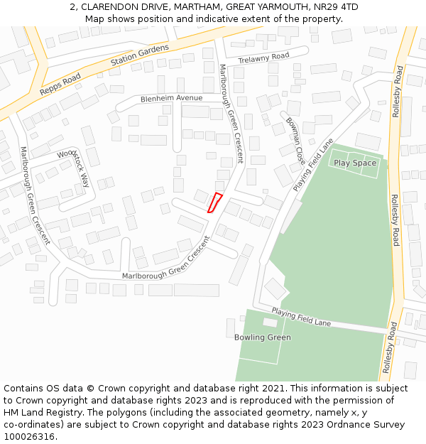 2, CLARENDON DRIVE, MARTHAM, GREAT YARMOUTH, NR29 4TD: Location map and indicative extent of plot