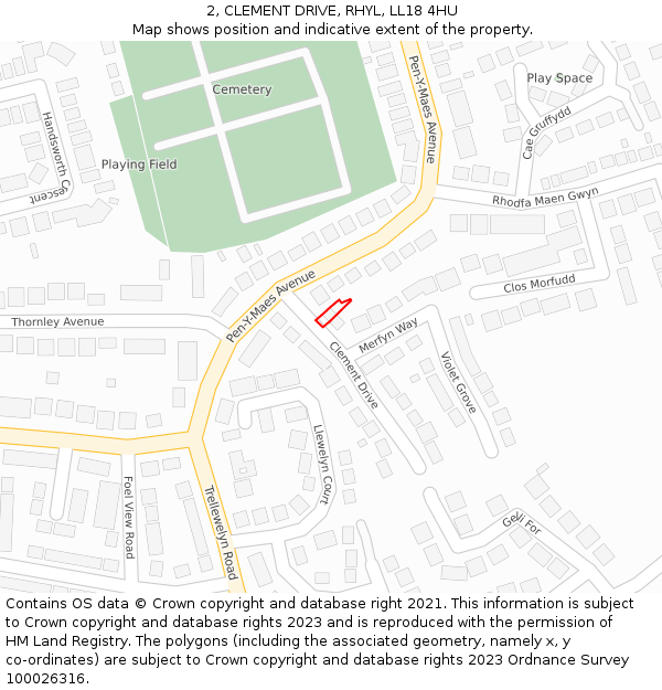 2, CLEMENT DRIVE, RHYL, LL18 4HU: Location map and indicative extent of plot