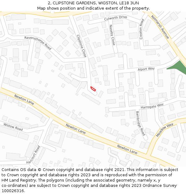 2, CLIPSTONE GARDENS, WIGSTON, LE18 3UN: Location map and indicative extent of plot