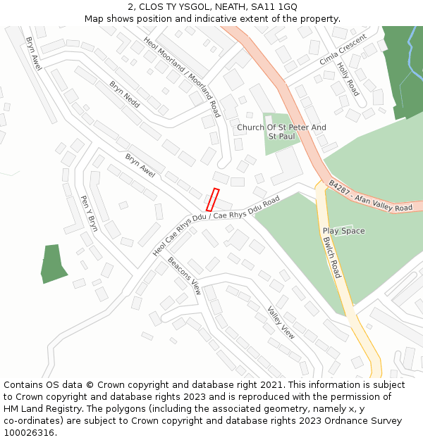 2, CLOS TY YSGOL, NEATH, SA11 1GQ: Location map and indicative extent of plot