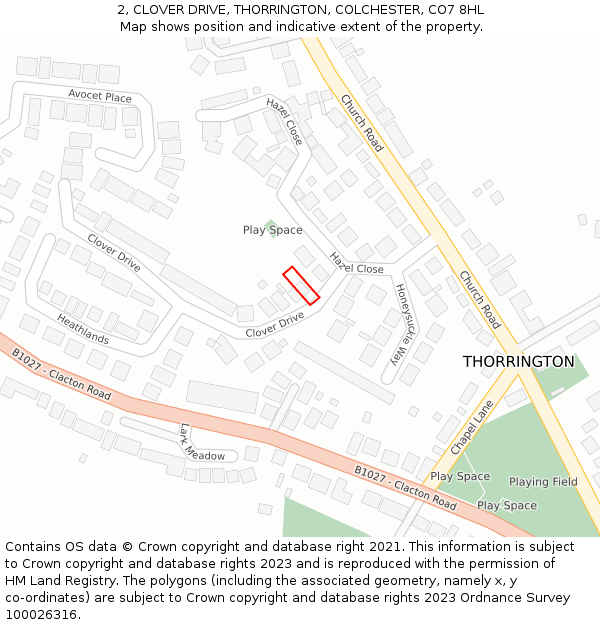2, CLOVER DRIVE, THORRINGTON, COLCHESTER, CO7 8HL: Location map and indicative extent of plot
