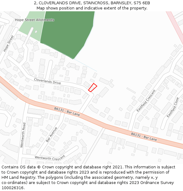 2, CLOVERLANDS DRIVE, STAINCROSS, BARNSLEY, S75 6EB: Location map and indicative extent of plot