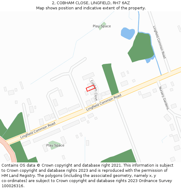 2, COBHAM CLOSE, LINGFIELD, RH7 6AZ: Location map and indicative extent of plot