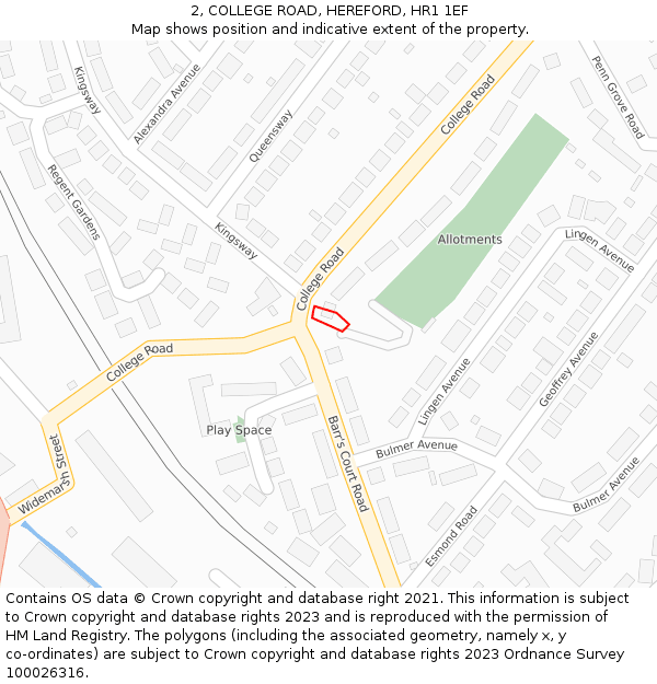 2, COLLEGE ROAD, HEREFORD, HR1 1EF: Location map and indicative extent of plot