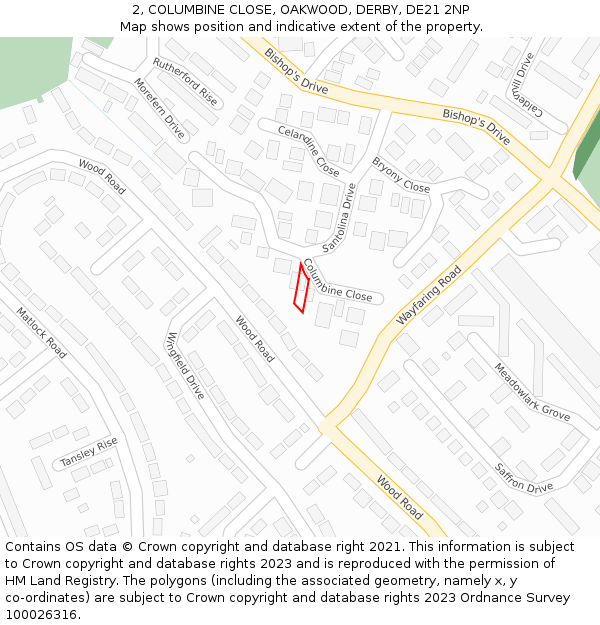 2, COLUMBINE CLOSE, OAKWOOD, DERBY, DE21 2NP: Location map and indicative extent of plot