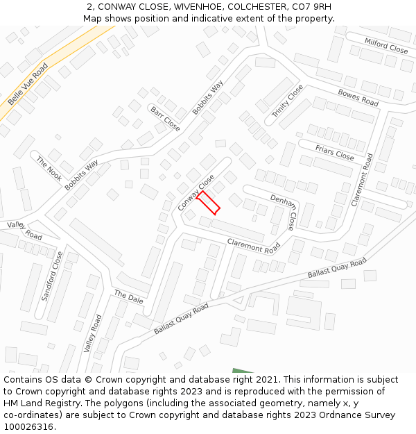 2, CONWAY CLOSE, WIVENHOE, COLCHESTER, CO7 9RH: Location map and indicative extent of plot