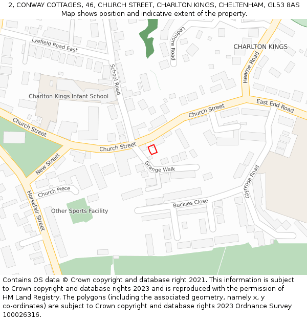 2, CONWAY COTTAGES, 46, CHURCH STREET, CHARLTON KINGS, CHELTENHAM, GL53 8AS: Location map and indicative extent of plot