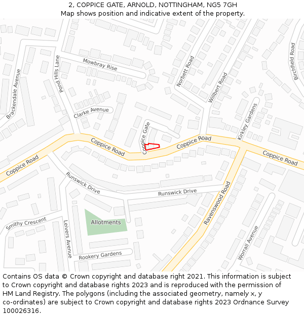 2, COPPICE GATE, ARNOLD, NOTTINGHAM, NG5 7GH: Location map and indicative extent of plot