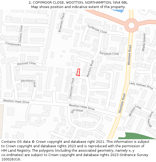 2, COPYMOOR CLOSE, WOOTTON, NORTHAMPTON, NN4 6BL: Location map and indicative extent of plot