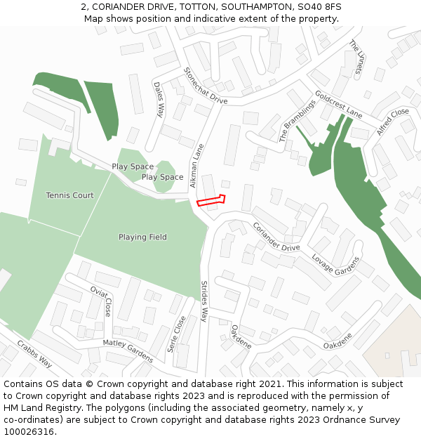 2, CORIANDER DRIVE, TOTTON, SOUTHAMPTON, SO40 8FS: Location map and indicative extent of plot