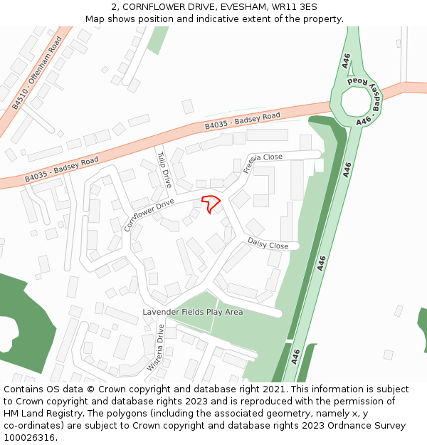 2, CORNFLOWER DRIVE, EVESHAM, WR11 3ES: Location map and indicative extent of plot