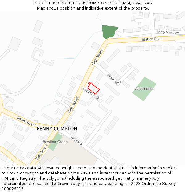 2, COTTERS CROFT, FENNY COMPTON, SOUTHAM, CV47 2XS: Location map and indicative extent of plot