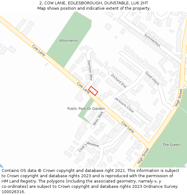 2, COW LANE, EDLESBOROUGH, DUNSTABLE, LU6 2HT: Location map and indicative extent of plot